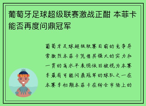 葡萄牙足球超级联赛激战正酣 本菲卡能否再度问鼎冠军 葡萄牙足球超级联赛激战正酣 本菲卡能否再度问鼎冠军